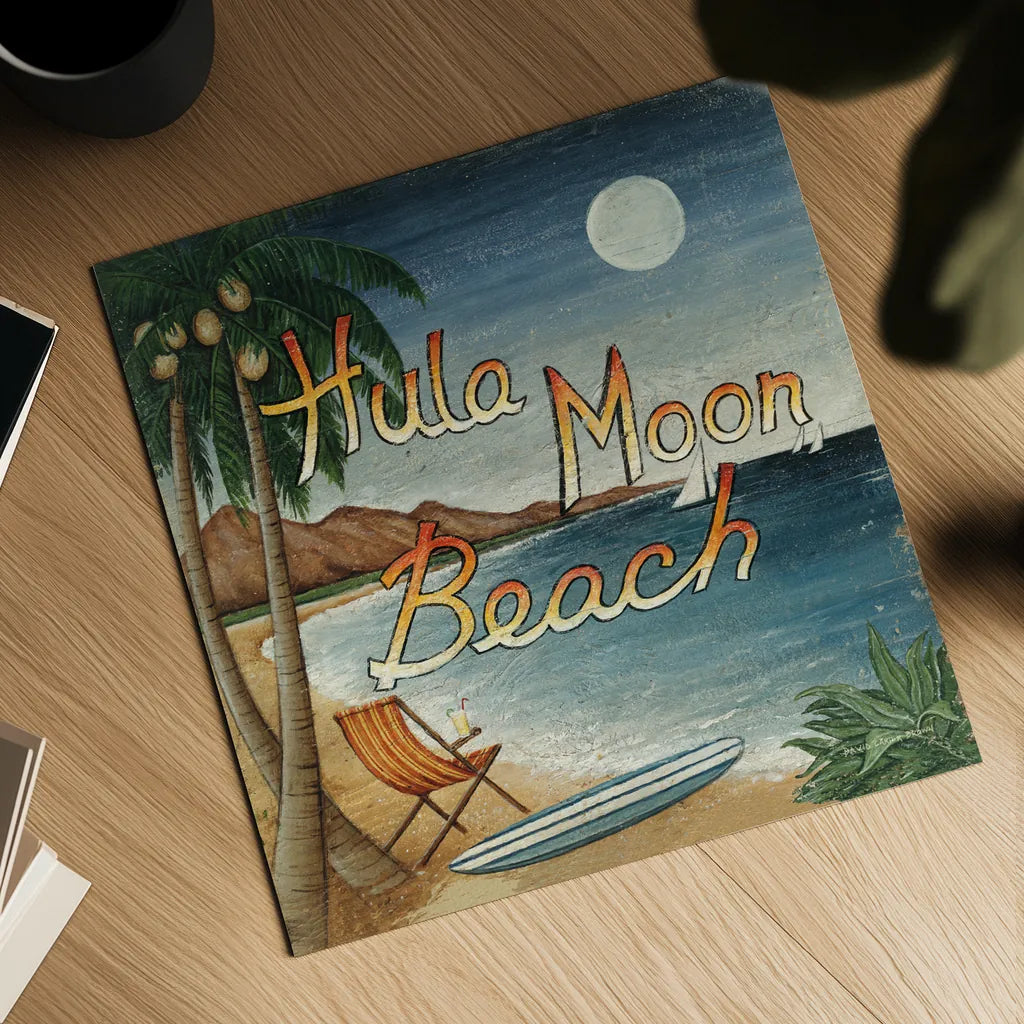 Hula Moon Beach by David Carter Brown. Shown as a detailed flat fine art print, highlighting archival giclee quality. Available as an archival giclee rolled canvas, fine art paper, or poster print. SKU 3205a.