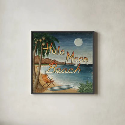 Hula Moon Beach by David Carter Brown. Shown in a sleek black glass frame for a contemporary gallery look. Available as an archival giclee rolled canvas, fine art paper, or poster print. SKU 3205a.
