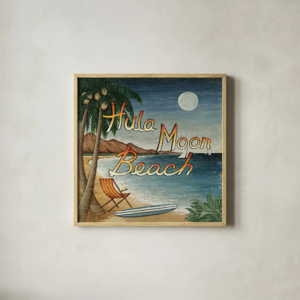Hula Moon Beach by David Carter Brown. Shown in a natural wood glass frame for a timeless modern aesthetic. Available as an archival giclee rolled canvas, fine art paper, or poster print. SKU 3205a.