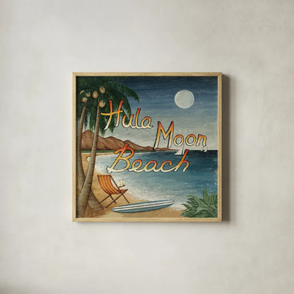 Hula Moon Beach by David Carter Brown. Shown in a natural wood glass frame for a timeless modern aesthetic. Available as an archival giclee rolled canvas, fine art paper, or poster print. SKU 3205a.
