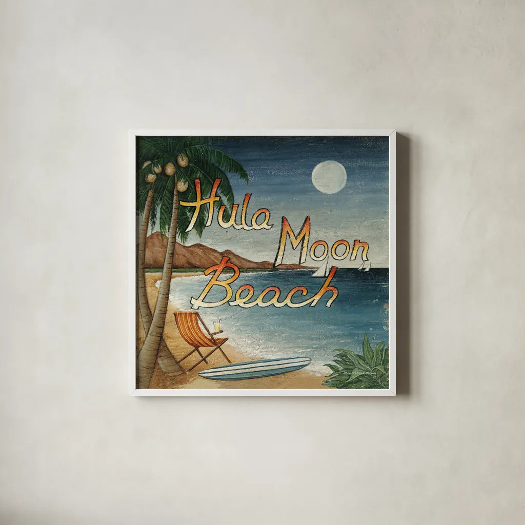 Hula Moon Beach by David Carter Brown. Shown in a crisp white glass frame for a clean and minimalist style. Available as an archival giclee rolled canvas, fine art paper, or poster print. SKU 3205a.