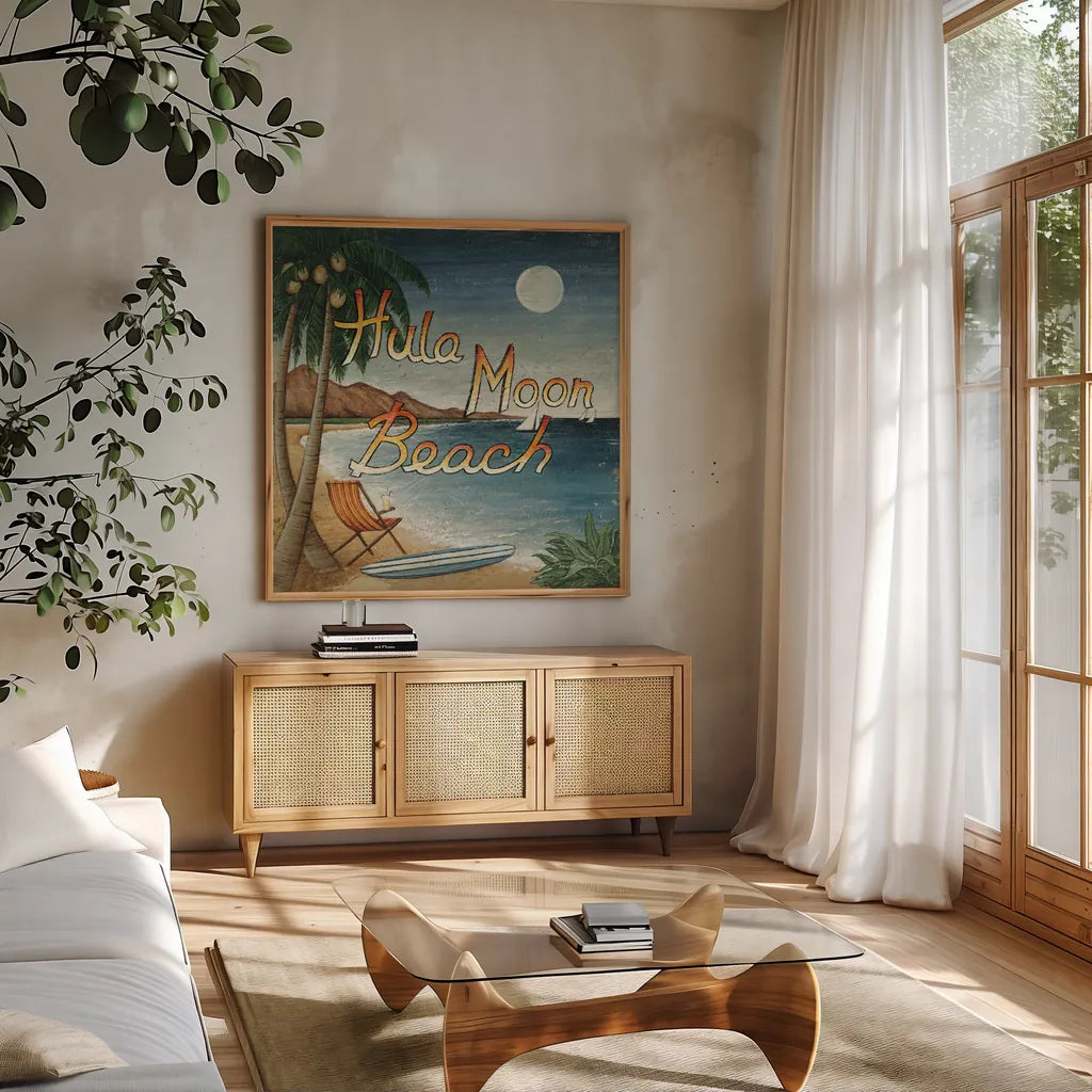Hula Moon Beach by David Carter Brown. Shown in a natural wood frame in a cozy modern living room. Available as an archival giclee rolled canvas, fine art paper, or poster print. SKU 3205a.
