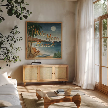 Hula Moon Beach by David Carter Brown. Shown in a natural wood frame in a cozy modern living room. Available as an archival giclee rolled canvas, fine art paper, or poster print. SKU 3205a.