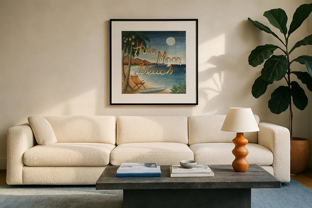 Hula Moon Beach by David Carter Brown. Displayed in a glass frame with matte in a clean modern living room. Available as an archival giclee rolled canvas, fine art paper, or poster print. SKU 3205a.