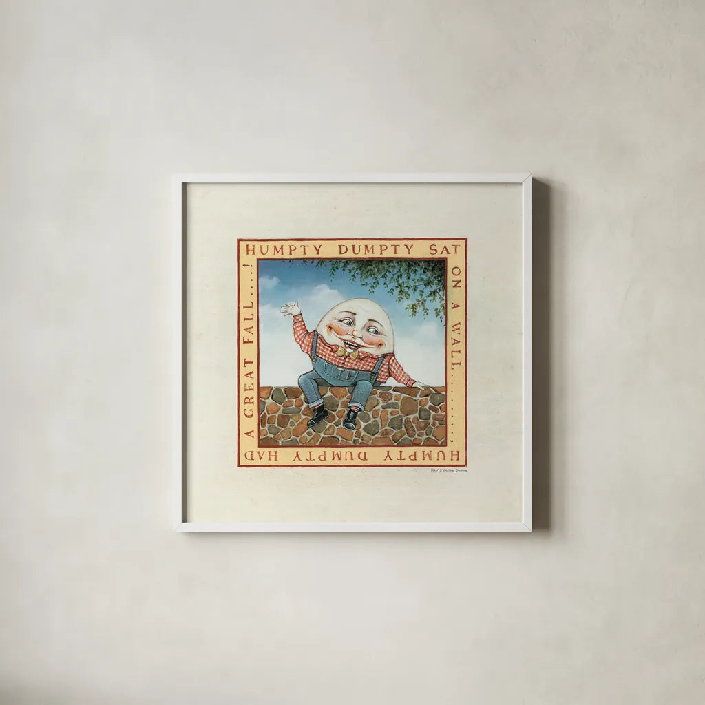 Humpty Dumpty by David Carter Brown. Shown in a crisp white glass frame for a clean and minimalist style. Available as an archival giclee rolled canvas, fine art paper, or poster print. SKU 3154a.