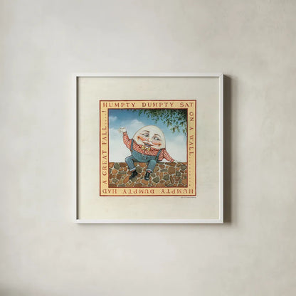 Humpty Dumpty by David Carter Brown. Shown in a crisp white glass frame for a clean and minimalist style. Available as an archival giclee rolled canvas, fine art paper, or poster print. SKU 3154a.