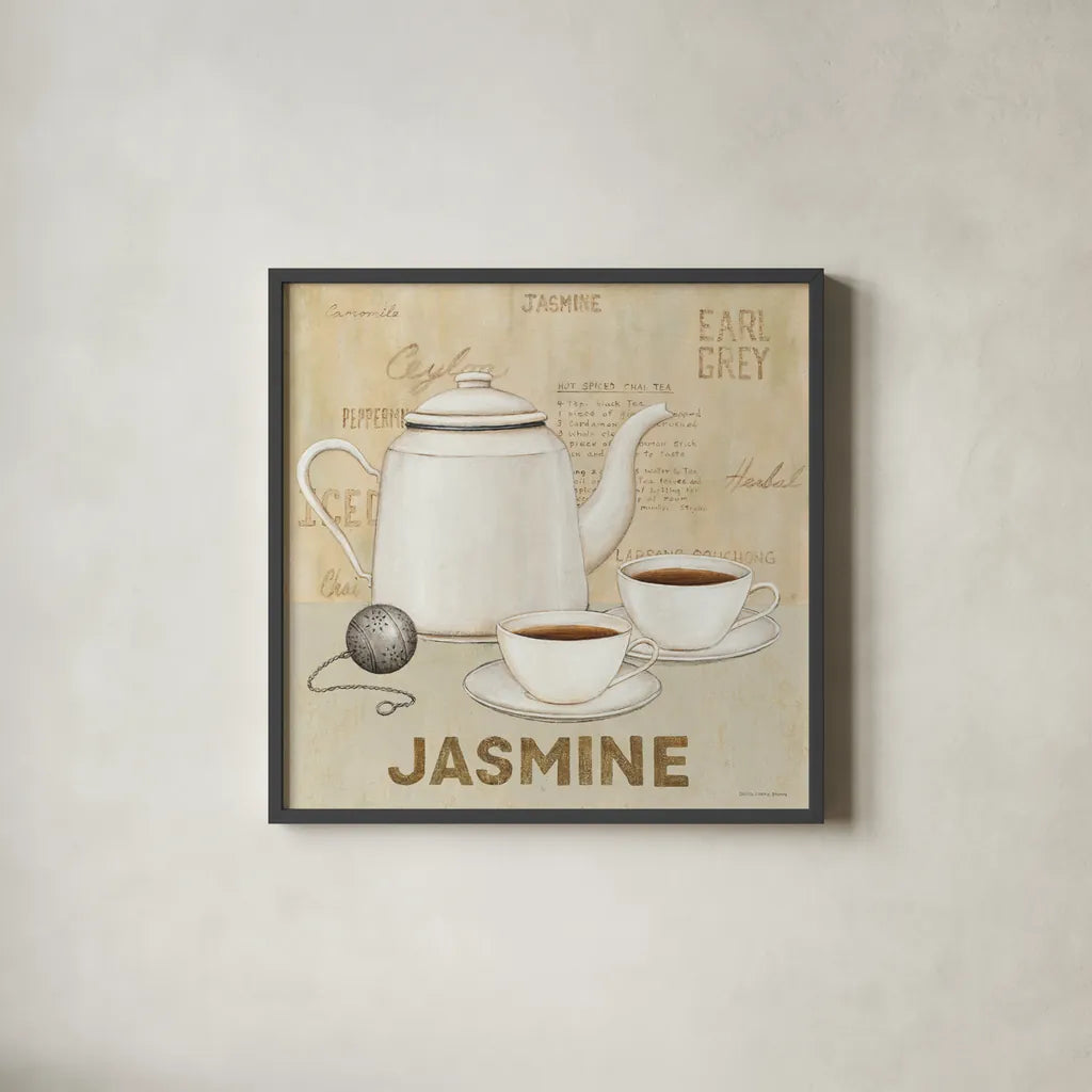 Jasmine Tea by David Carter Brown. Shown in a sleek black glass frame for a contemporary gallery look. Available as an archival giclee rolled canvas, fine art paper, or poster print. SKU 37694a.