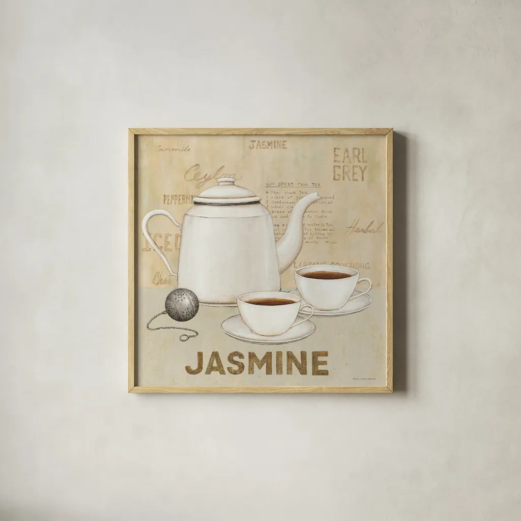 Jasmine Tea by David Carter Brown. Shown in a natural wood glass frame for a timeless modern aesthetic. Available as an archival giclee rolled canvas, fine art paper, or poster print. SKU 37694a.