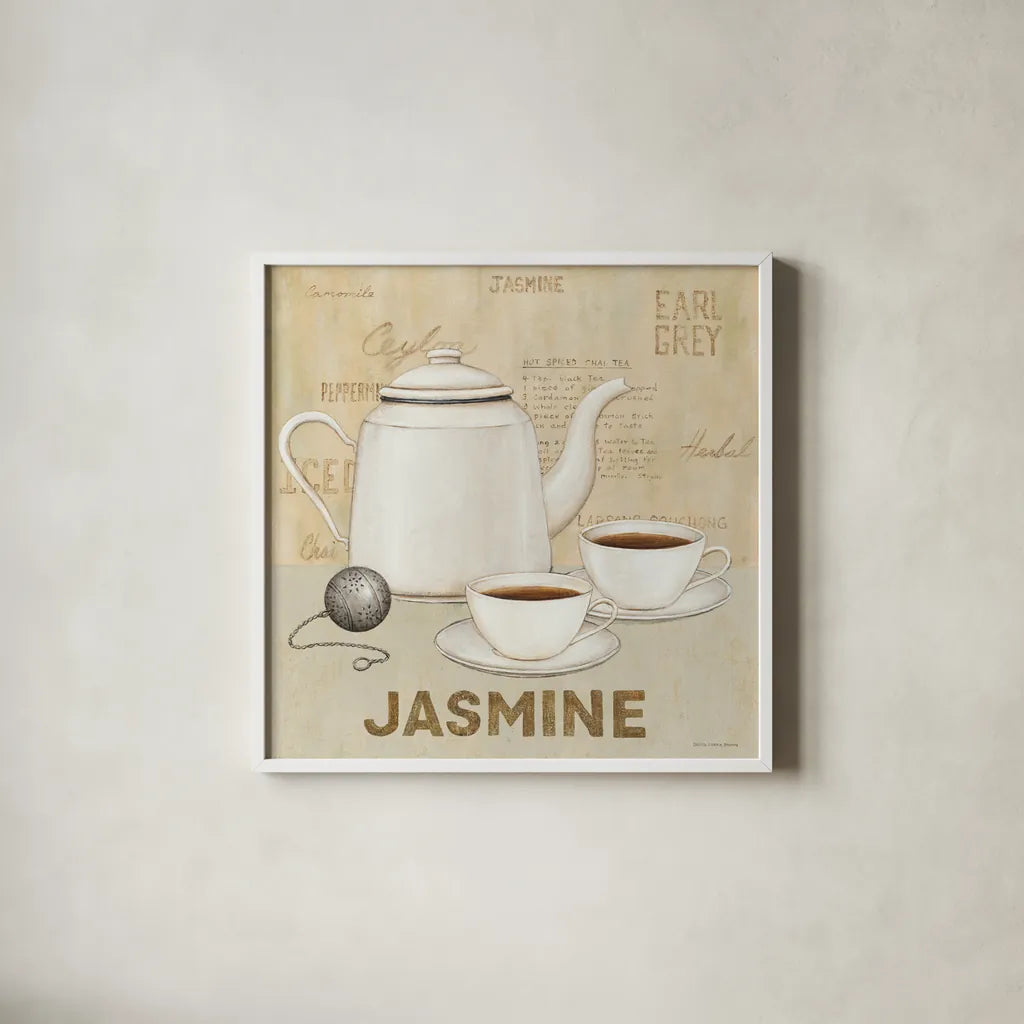 Jasmine Tea by David Carter Brown. Shown in a crisp white glass frame for a clean and minimalist style. Available as an archival giclee rolled canvas, fine art paper, or poster print. SKU 37694a.