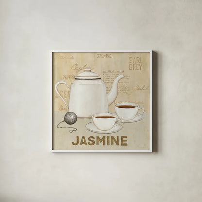 Jasmine Tea by David Carter Brown. Shown in a crisp white glass frame for a clean and minimalist style. Available as an archival giclee rolled canvas, fine art paper, or poster print. SKU 37694a.