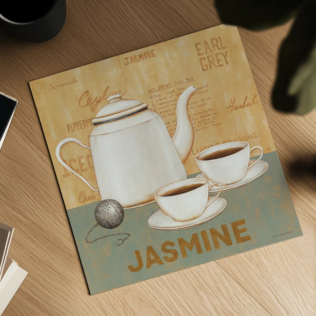 Jasmine Tea Teal by David Carter Brown. Shown as a detailed flat fine art print, highlighting archival giclee quality. Available as an archival giclee rolled canvas, fine art paper, or poster print. SKU 37681a.