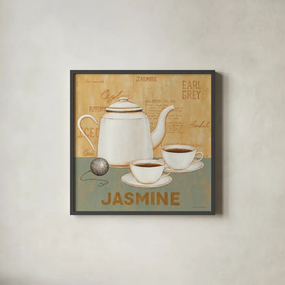 Jasmine Tea Teal by David Carter Brown. Shown in a sleek black glass frame for a contemporary gallery look. Available as an archival giclee rolled canvas, fine art paper, or poster print. SKU 37681a.