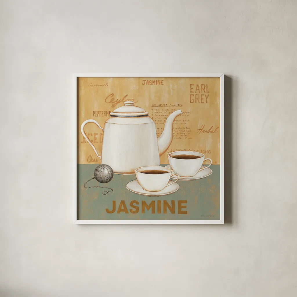 Jasmine Tea Teal by David Carter Brown. Shown in a crisp white glass frame for a clean and minimalist style. Available as an archival giclee rolled canvas, fine art paper, or poster print. SKU 37681a.