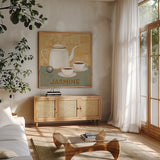 Jasmine Tea Teal by David Carter Brown. Shown in a natural wood frame in a cozy modern living room. Available as an archival giclee rolled canvas, fine art paper, or poster print. SKU 37681a.