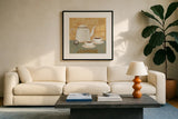 Jasmine Tea Teal by David Carter Brown. Displayed in a glass frame with matte in a clean modern living room. Available as an archival giclee rolled canvas, fine art paper, or poster print. SKU 37681a.