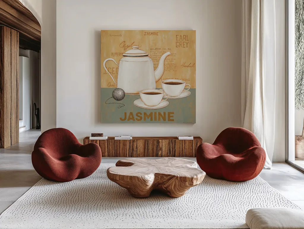 Jasmine Tea Teal by David Carter Brown. Shown as extra-large giant wall art in a modern living room. Available as an archival giclee rolled canvas, fine art paper, or poster print. SKU 37681a.