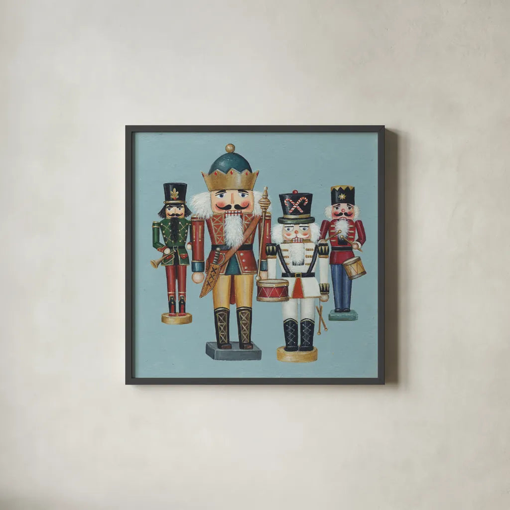 King Nutcrackers by David Carter Brown. Shown in a sleek black glass frame for a contemporary gallery look. Available as an archival giclee rolled canvas, fine art paper, or poster print. SKU 27112a.