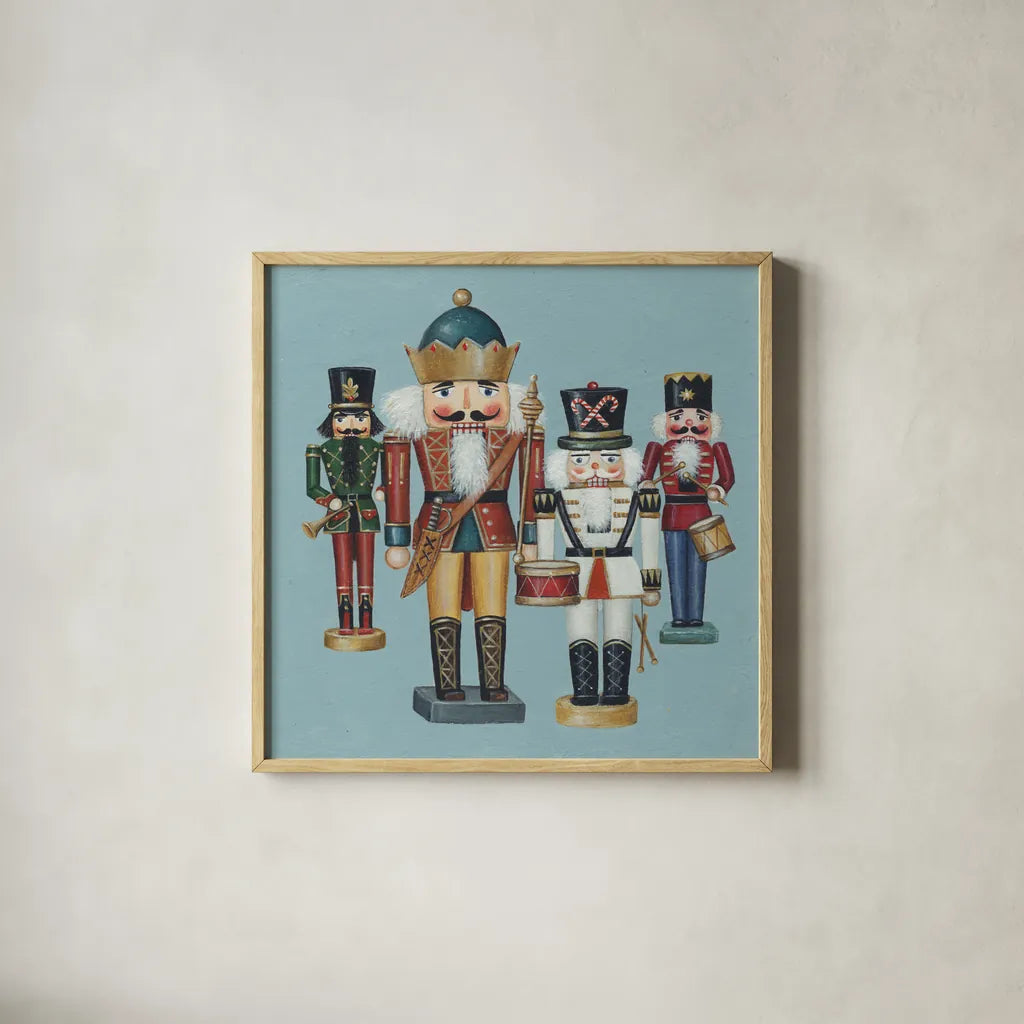 King Nutcrackers by David Carter Brown. Shown in a natural wood glass frame for a timeless modern aesthetic. Available as an archival giclee rolled canvas, fine art paper, or poster print. SKU 27112a.