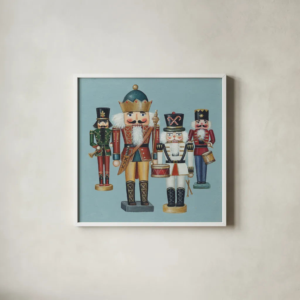 King Nutcrackers by David Carter Brown. Shown in a crisp white glass frame for a clean and minimalist style. Available as an archival giclee rolled canvas, fine art paper, or poster print. SKU 27112a.