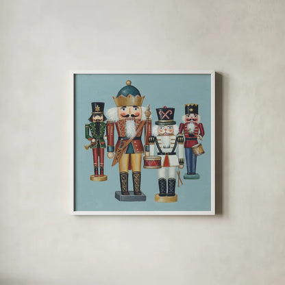 King Nutcrackers by David Carter Brown. Shown in a crisp white glass frame for a clean and minimalist style. Available as an archival giclee rolled canvas, fine art paper, or poster print. SKU 27112a.