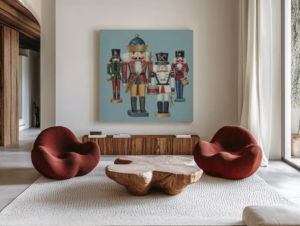 King Nutcrackers by David Carter Brown. Shown as extra-large giant wall art in a modern living room. Available as an archival giclee rolled canvas, fine art paper, or poster print. SKU 27112a.