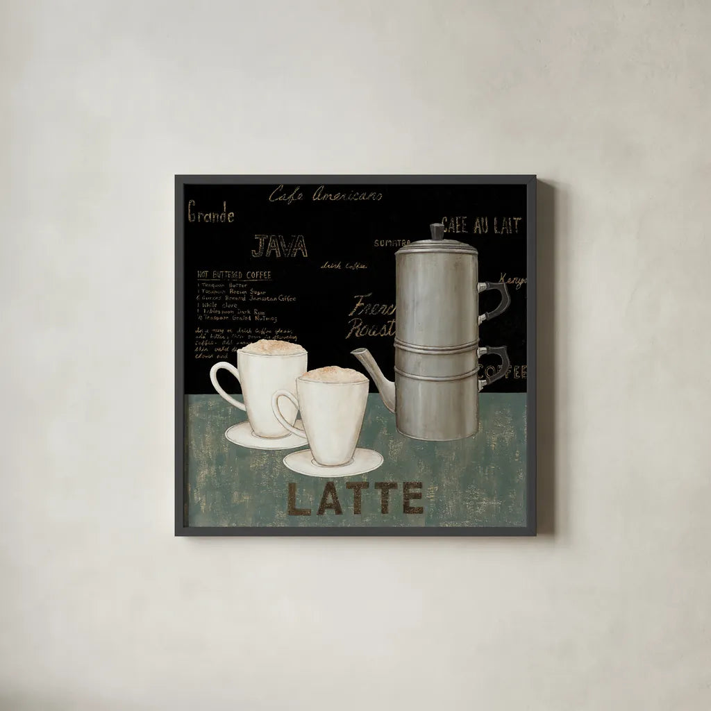 Latte by David Carter Brown. Shown in a sleek black glass frame for a contemporary gallery look. Available as an archival giclee rolled canvas, fine art paper, or poster print. SKU 3263a.