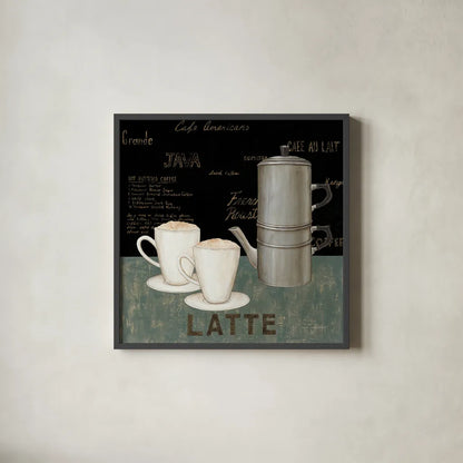 Latte by David Carter Brown. Shown in a sleek black glass frame for a contemporary gallery look. Available as an archival giclee rolled canvas, fine art paper, or poster print. SKU 3263a.