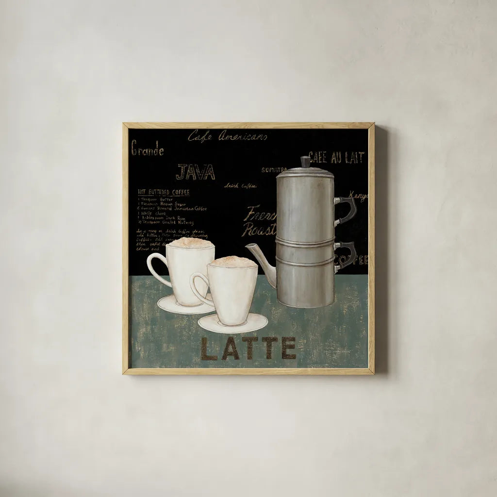 Latte by David Carter Brown. Shown in a natural wood glass frame for a timeless modern aesthetic. Available as an archival giclee rolled canvas, fine art paper, or poster print. SKU 3263a.