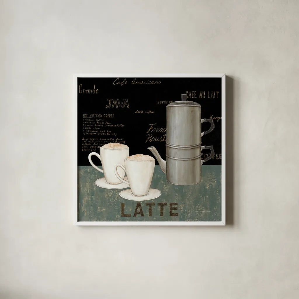 Latte by David Carter Brown. Shown in a crisp white glass frame for a clean and minimalist style. Available as an archival giclee rolled canvas, fine art paper, or poster print. SKU 3263a.