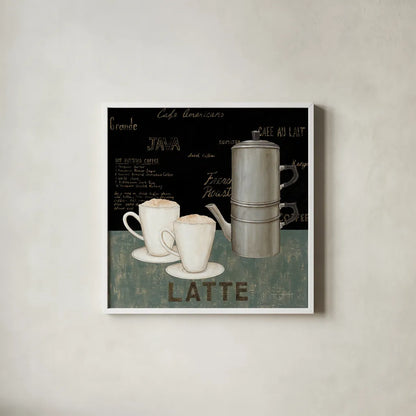 Latte by David Carter Brown. Shown in a crisp white glass frame for a clean and minimalist style. Available as an archival giclee rolled canvas, fine art paper, or poster print. SKU 3263a.