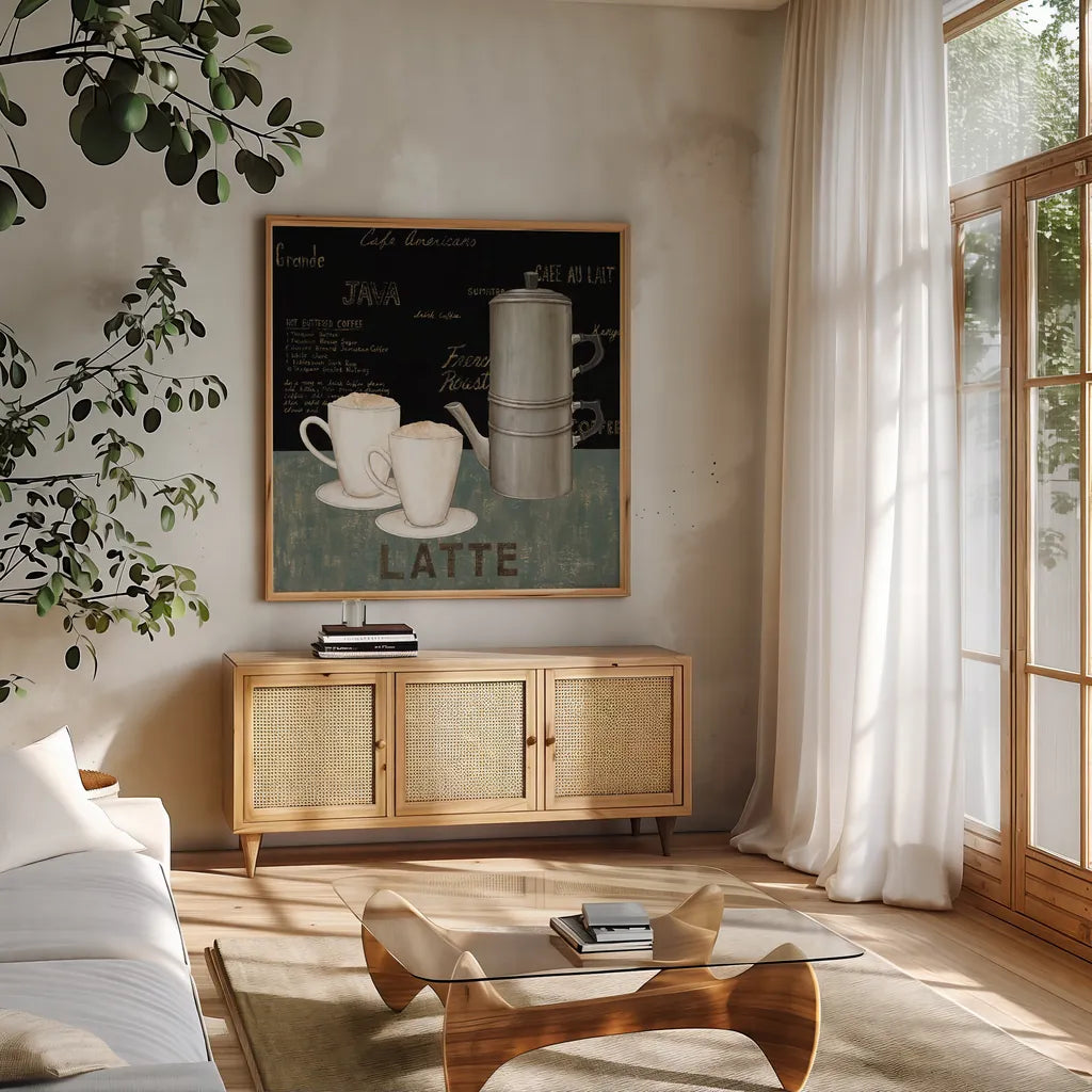 Latte by David Carter Brown. Shown in a natural wood frame in a cozy modern living room. Available as an archival giclee rolled canvas, fine art paper, or poster print. SKU 3263a.