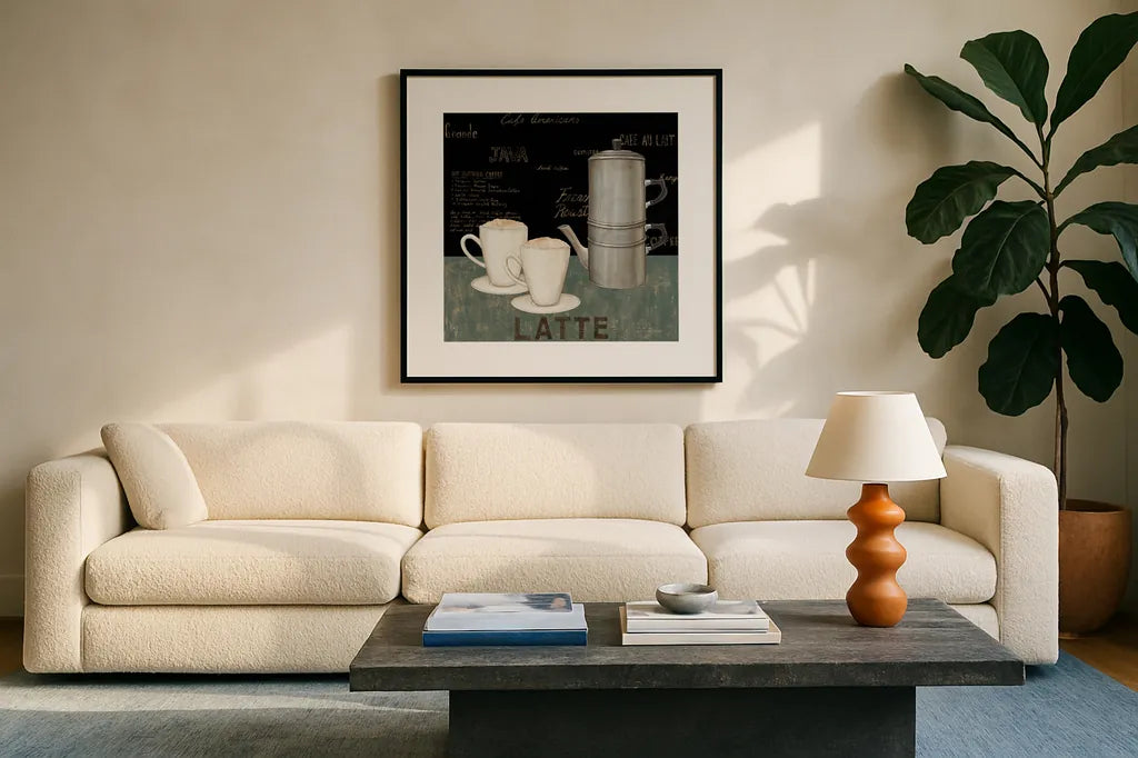 Latte by David Carter Brown. Displayed in a glass frame with matte in a clean modern living room. Available as an archival giclee rolled canvas, fine art paper, or poster print. SKU 3263a.
