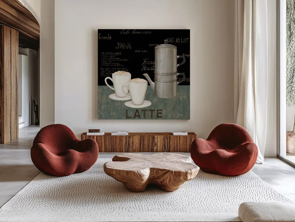Latte by David Carter Brown. Shown as extra-large giant wall art in a modern living room. Available as an archival giclee rolled canvas, fine art paper, or poster print. SKU 3263a.