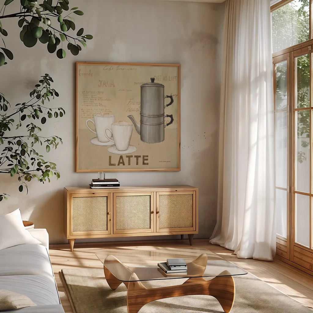 Latte Cream by David Carter Brown. Shown in a natural wood frame in a cozy modern living room. Available as an archival giclee rolled canvas, fine art paper, or poster print. SKU 37692a.