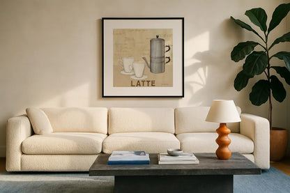 Latte Cream by David Carter Brown. Displayed in a glass frame with matte in a clean modern living room. Available as an archival giclee rolled canvas, fine art paper, or poster print. SKU 37692a.