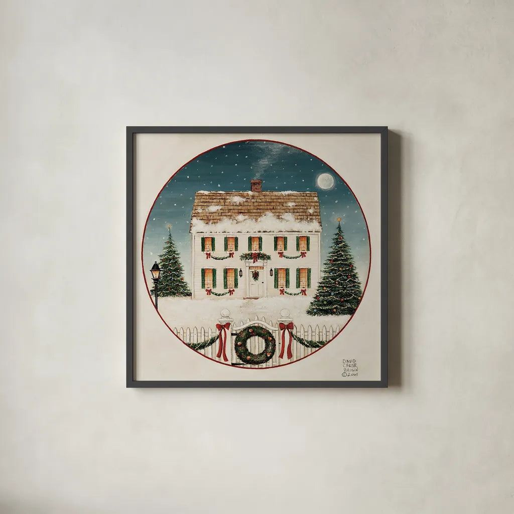 Merry Lil House by David Carter Brown. Shown in a sleek black glass frame for a contemporary gallery look. Available as an archival giclee rolled canvas, fine art paper, or poster print. SKU 27041a.