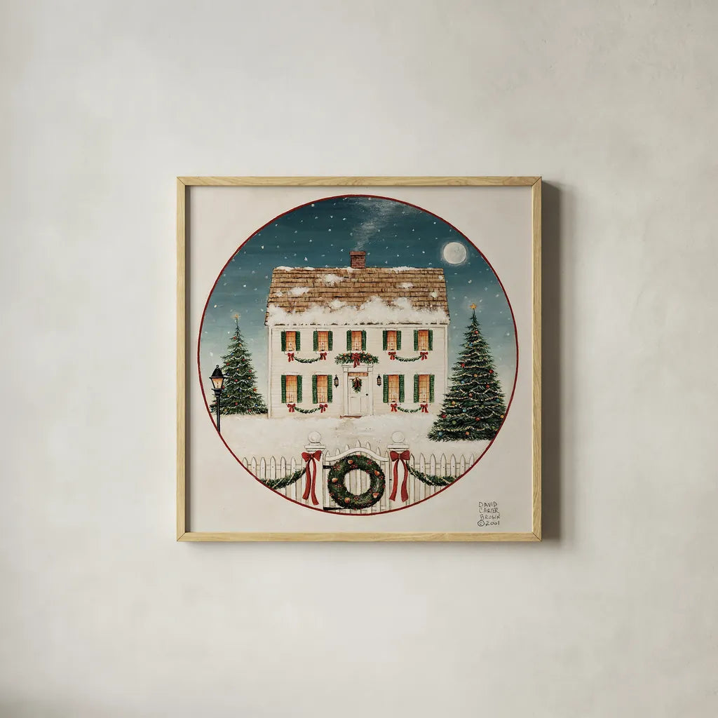 Merry Lil House by David Carter Brown. Shown in a natural wood glass frame for a timeless modern aesthetic. Available as an archival giclee rolled canvas, fine art paper, or poster print. SKU 27041a.