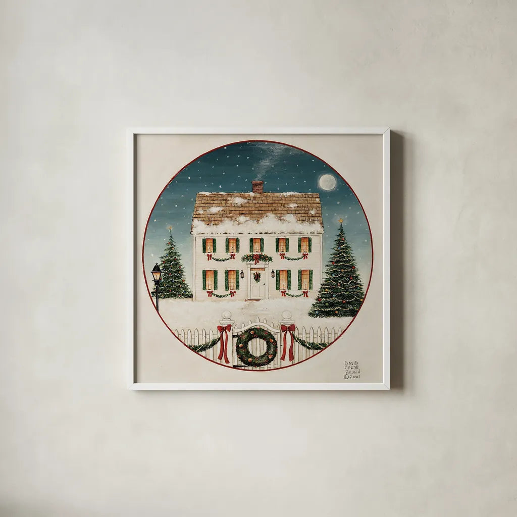 Merry Lil House by David Carter Brown. Shown in a crisp white glass frame for a clean and minimalist style. Available as an archival giclee rolled canvas, fine art paper, or poster print. SKU 27041a.