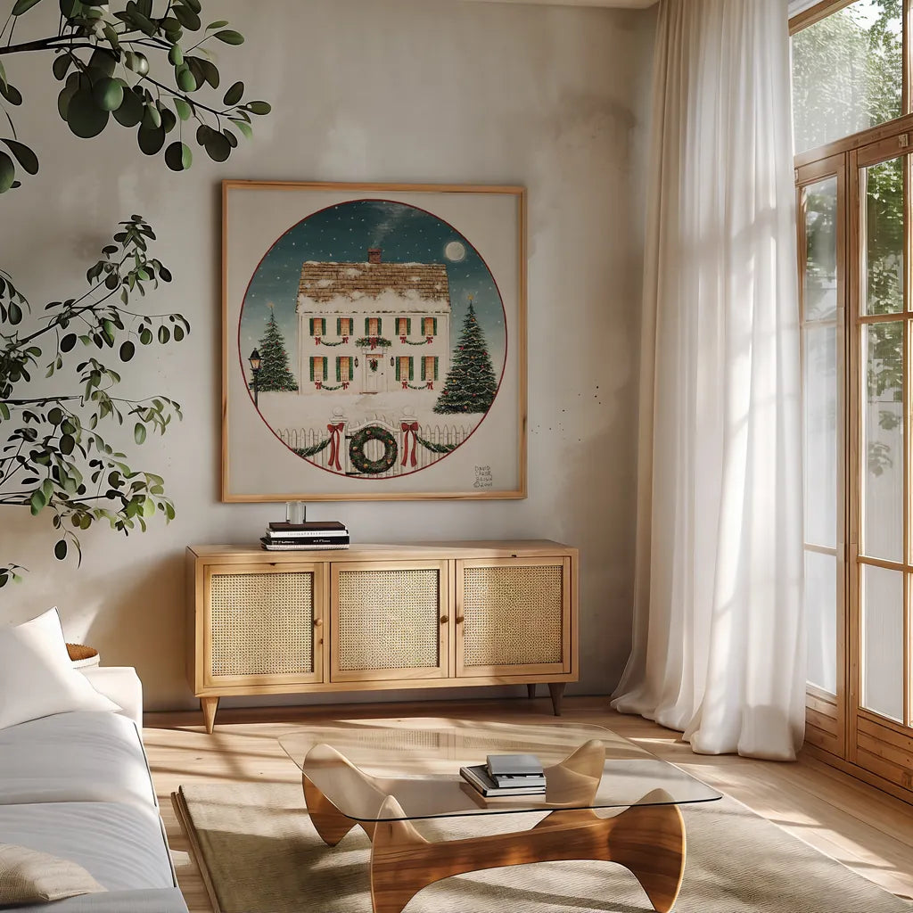 Merry Lil House by David Carter Brown. Shown in a natural wood frame in a cozy modern living room. Available as an archival giclee rolled canvas, fine art paper, or poster print. SKU 27041a.