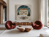 Merry Lil House by David Carter Brown. Shown as extra-large giant wall art in a modern living room. Available as an archival giclee rolled canvas, fine art paper, or poster print. SKU 27041a.