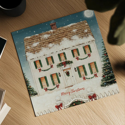 Merry Lil House Sq Merry Christmas by David Carter Brown. Shown as a detailed flat fine art print, highlighting archival giclee quality. Available as an archival giclee rolled canvas, fine art paper, or poster print. SKU 37370a.