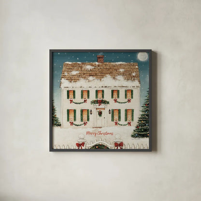 Merry Lil House Sq Merry Christmas by David Carter Brown. Shown in a sleek black glass frame for a contemporary gallery look. Available as an archival giclee rolled canvas, fine art paper, or poster print. SKU 37370a.