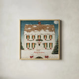Merry Lil House Sq Merry Christmas by David Carter Brown. Shown in a natural wood glass frame for a timeless modern aesthetic. Available as an archival giclee rolled canvas, fine art paper, or poster print. SKU 37370a.