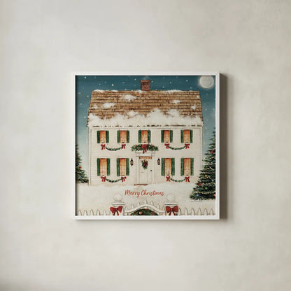 Merry Lil House Sq Merry Christmas by David Carter Brown. Shown in a crisp white glass frame for a clean and minimalist style. Available as an archival giclee rolled canvas, fine art paper, or poster print. SKU 37370a.