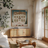 Merry Lil House Sq Merry Christmas by David Carter Brown. Shown in a natural wood frame in a cozy modern living room. Available as an archival giclee rolled canvas, fine art paper, or poster print. SKU 37370a.
