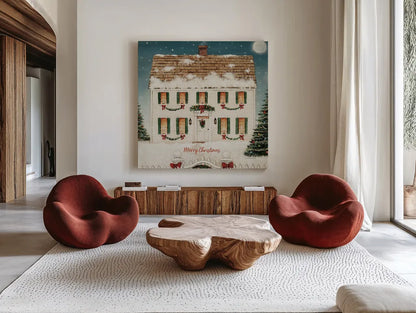 Merry Lil House Sq Merry Christmas by David Carter Brown. Shown as extra-large giant wall art in a modern living room. Available as an archival giclee rolled canvas, fine art paper, or poster print. SKU 37370a.