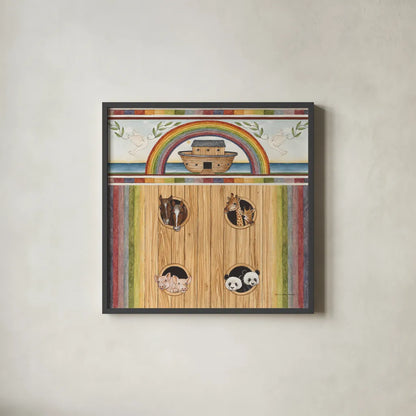 Noahs Ark II by David Carter Brown. Shown in a sleek black glass frame for a contemporary gallery look. Available as an archival giclee rolled canvas, fine art paper, or poster print. SKU 98777a.