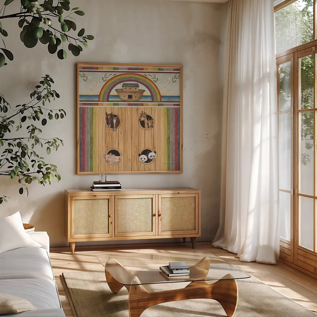 Noahs Ark II by David Carter Brown. Shown in a natural wood frame in a cozy modern living room. Available as an archival giclee rolled canvas, fine art paper, or poster print. SKU 98777a.