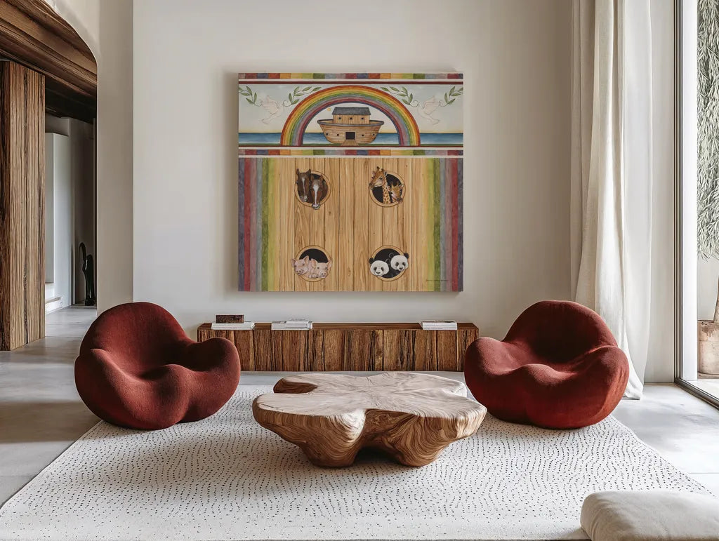 Noahs Ark II by David Carter Brown. Shown as extra-large giant wall art in a modern living room. Available as an archival giclee rolled canvas, fine art paper, or poster print. SKU 98777a.
