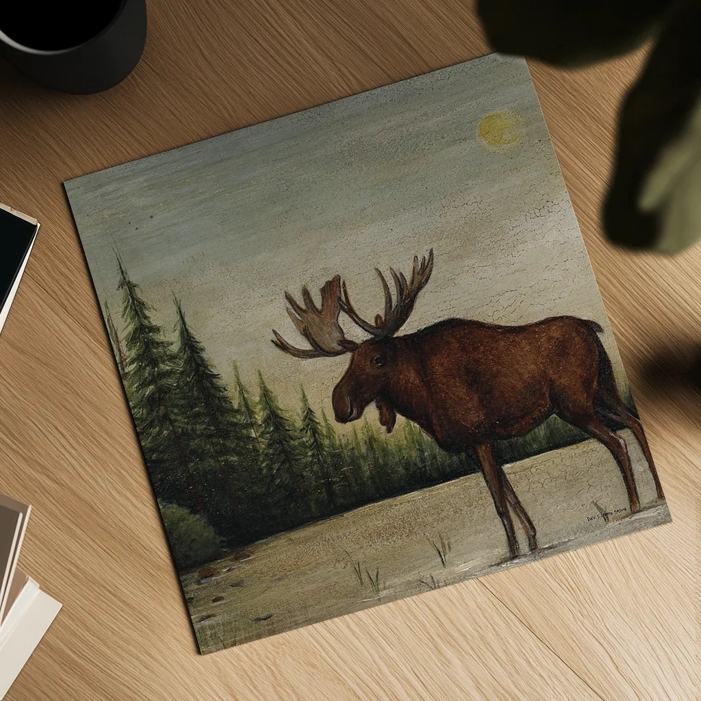 North Woods Moose II by David Carter Brown. Shown as a detailed flat fine art print, highlighting archival giclee quality. Available as an archival giclee rolled canvas, fine art paper, or poster print. SKU 26764a.